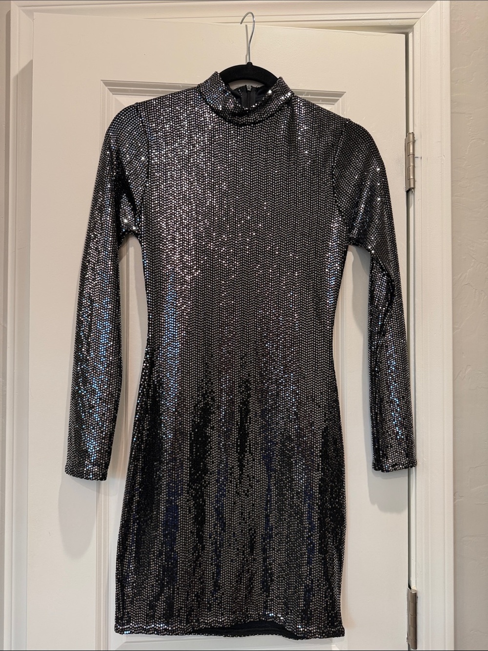 Missguided Silver Sequin Long-Sleeve Mock Neck Dress
